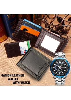 Casual Fashionable Design Excellent Quality Ganion Leather Men's Wallet With Curren Stainless Steel Watch For Men,8023